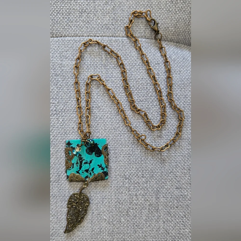 Brass-Tone Chain Necklace with Teal Floral Square Pendant